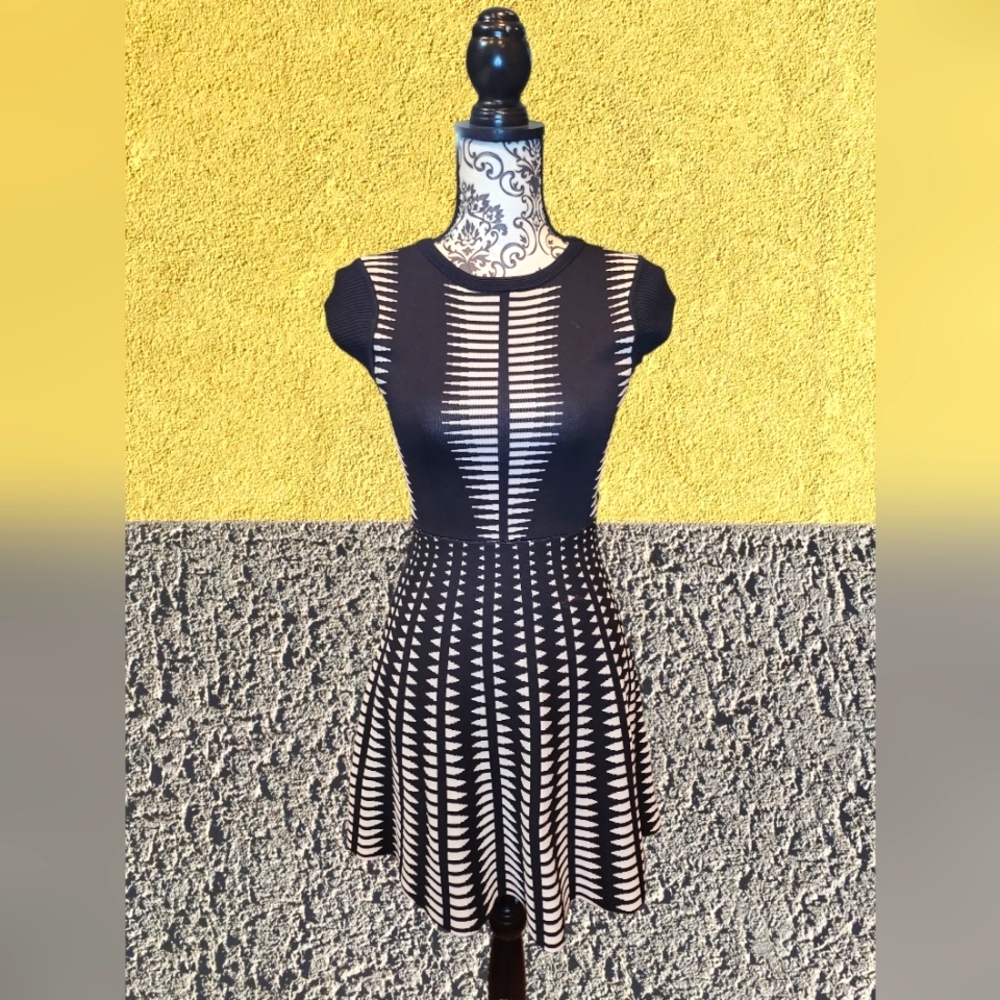 Zara Cap Sleeve Thick Knit Geometric A Line Illusion Dress S Blk/ Wht